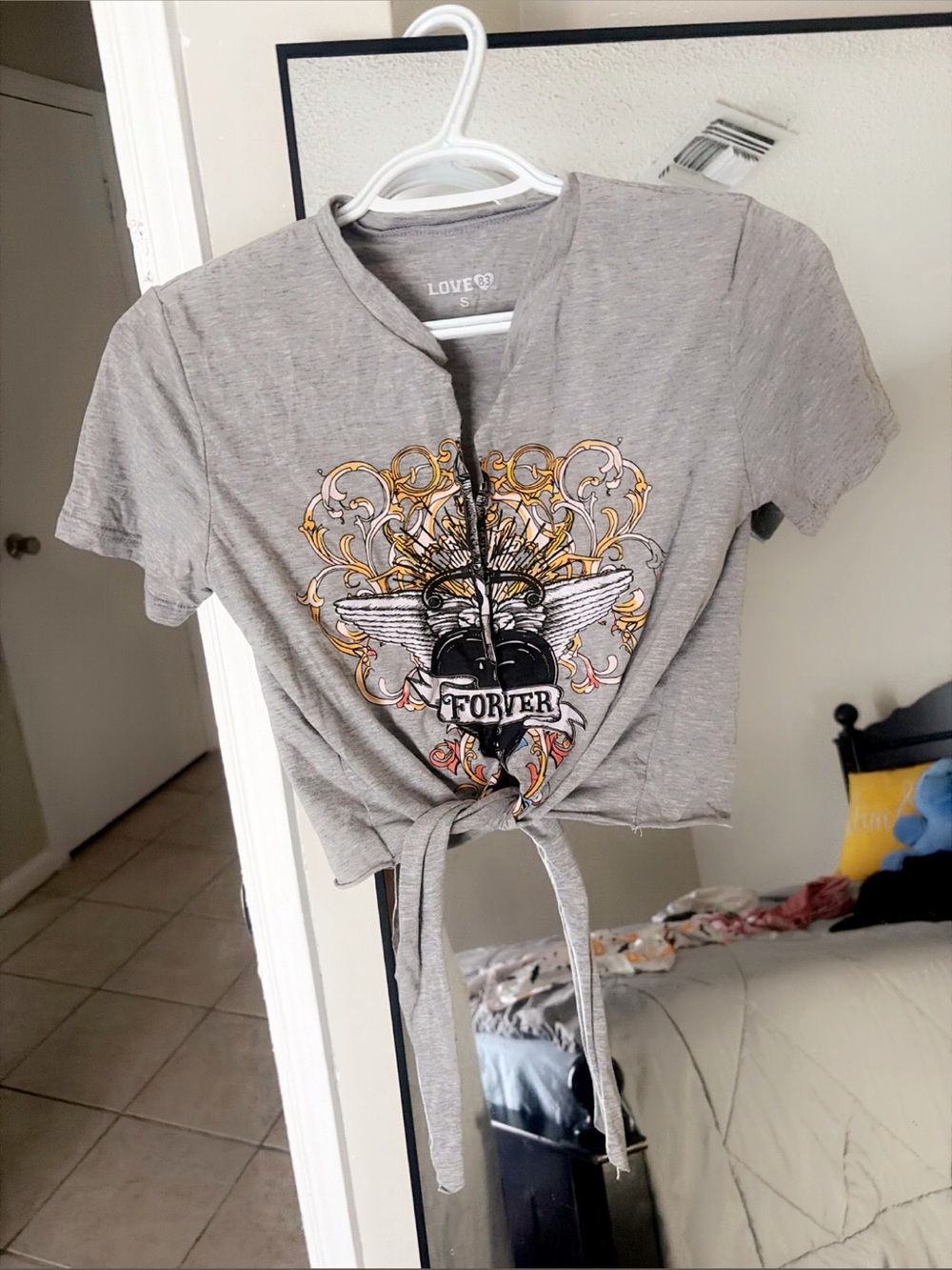 Love Gray Front-Tie Graphic Crop Top with Wings